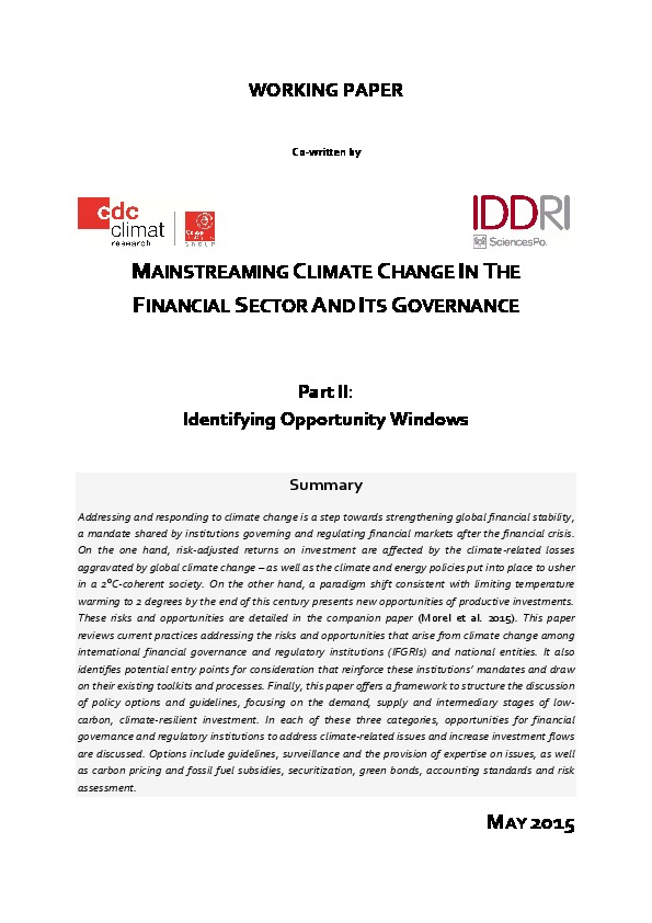 Mainstreaming Climate Change in the Financial Sector and its Governance ...